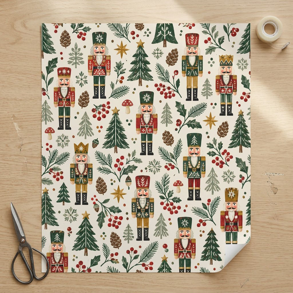 Vintage nutcracker wrapping paper with pine trees, pinecones, berries, gold stars and mushrooms on cream.