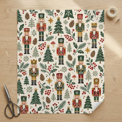 Vintage nutcracker wrapping paper with pine trees, pinecones, berries, gold stars and mushrooms on cream.