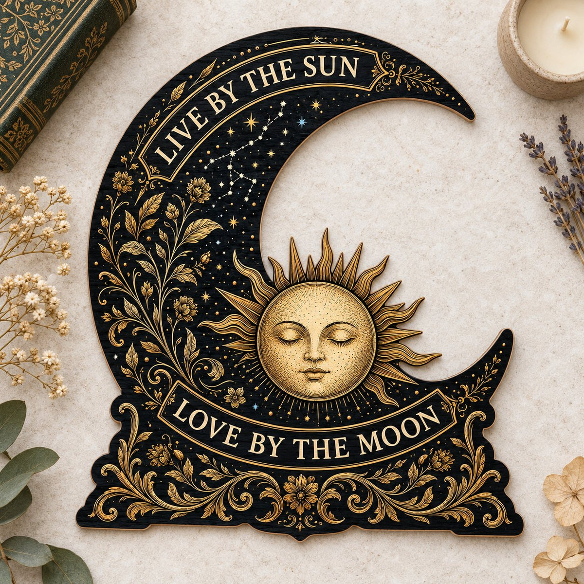 Crescent moon and sleeping sun wooden sign with gold constellations and words Live by the Sun, Love by the Moon.