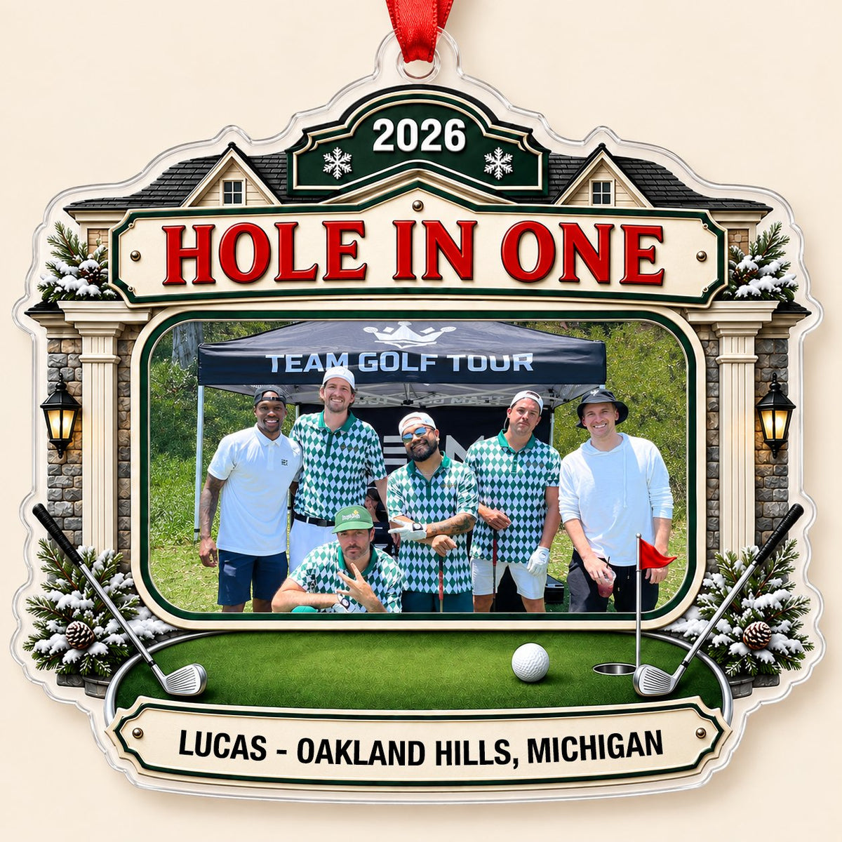 Clubhouse-shaped acrylic ornament with golf photo frame, lanterns, crossed clubs, red flag and a personalized name plaqu