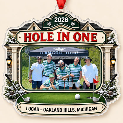Clubhouse-shaped acrylic ornament with golf photo frame, lanterns, crossed clubs, red flag and a personalized name plaqu