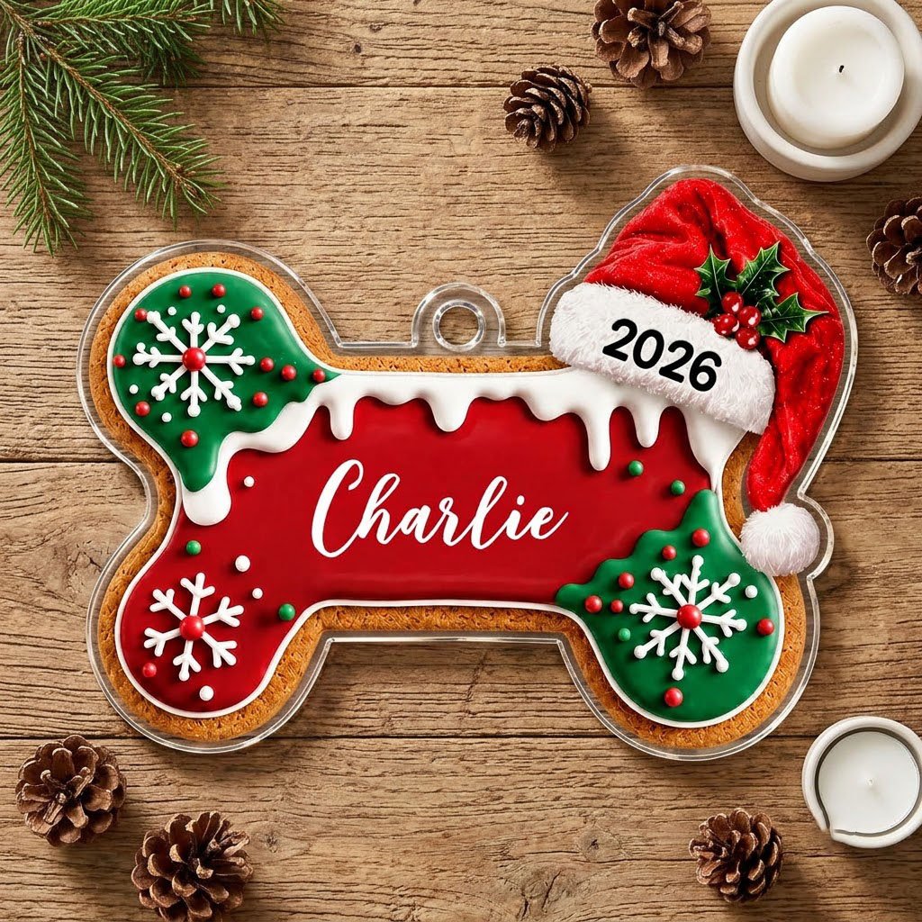 Acrylic ornament shaped like a gingerbread dog bone with Santa hat, white icing, snowflakes, and red-green sprinkles.