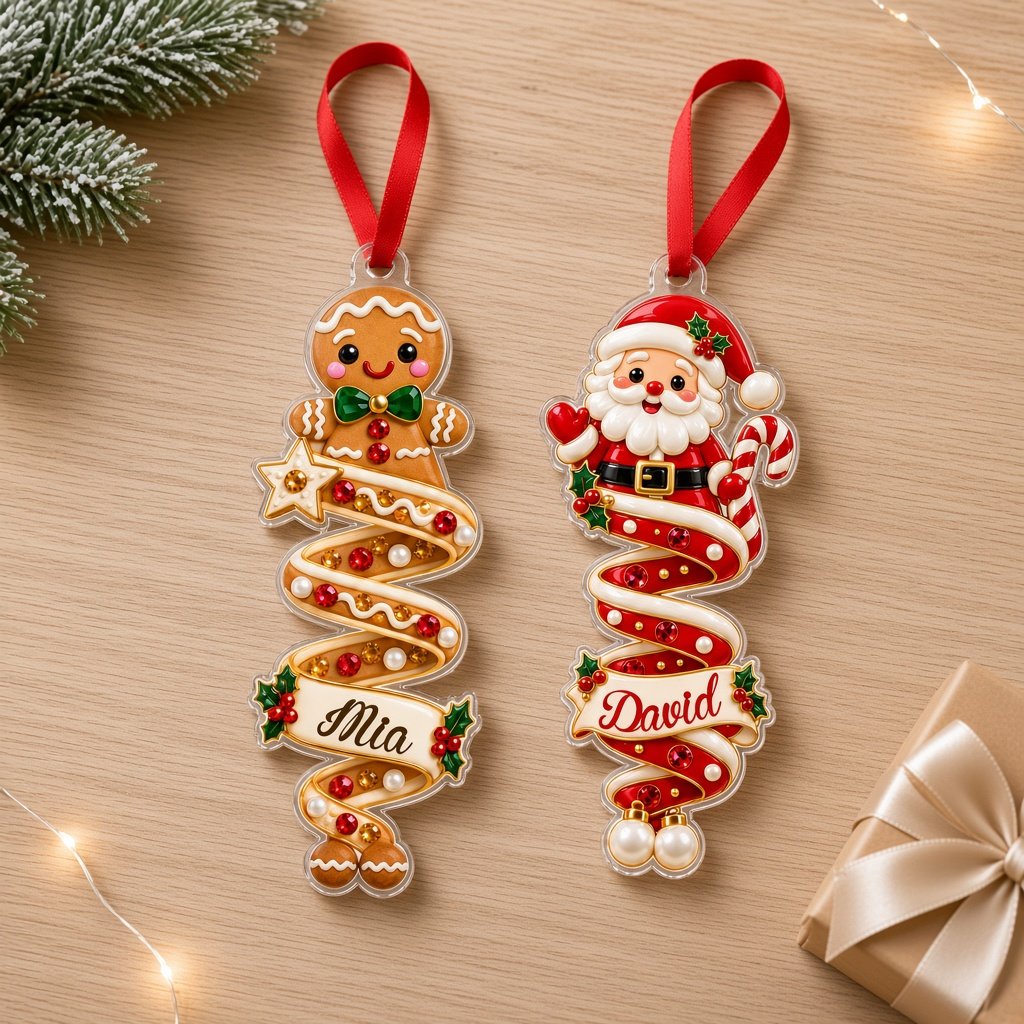 Custom-cut acrylic ornaments with gingerbread and Santa, spiral ribbons, and a holly-framed name banner.
