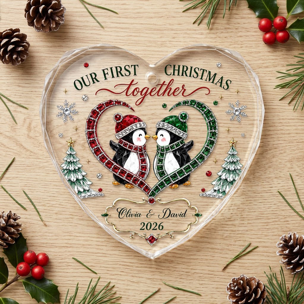 Heart-shaped stained glass suncatcher with two penguins in red and green scarves, jeweled trees, and silver snowflakes