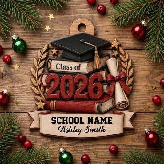 Graduation cap with gold tassel atop books, large 2026 numbers, a red-tied diploma, laurel leaves, stars, and a bottom b