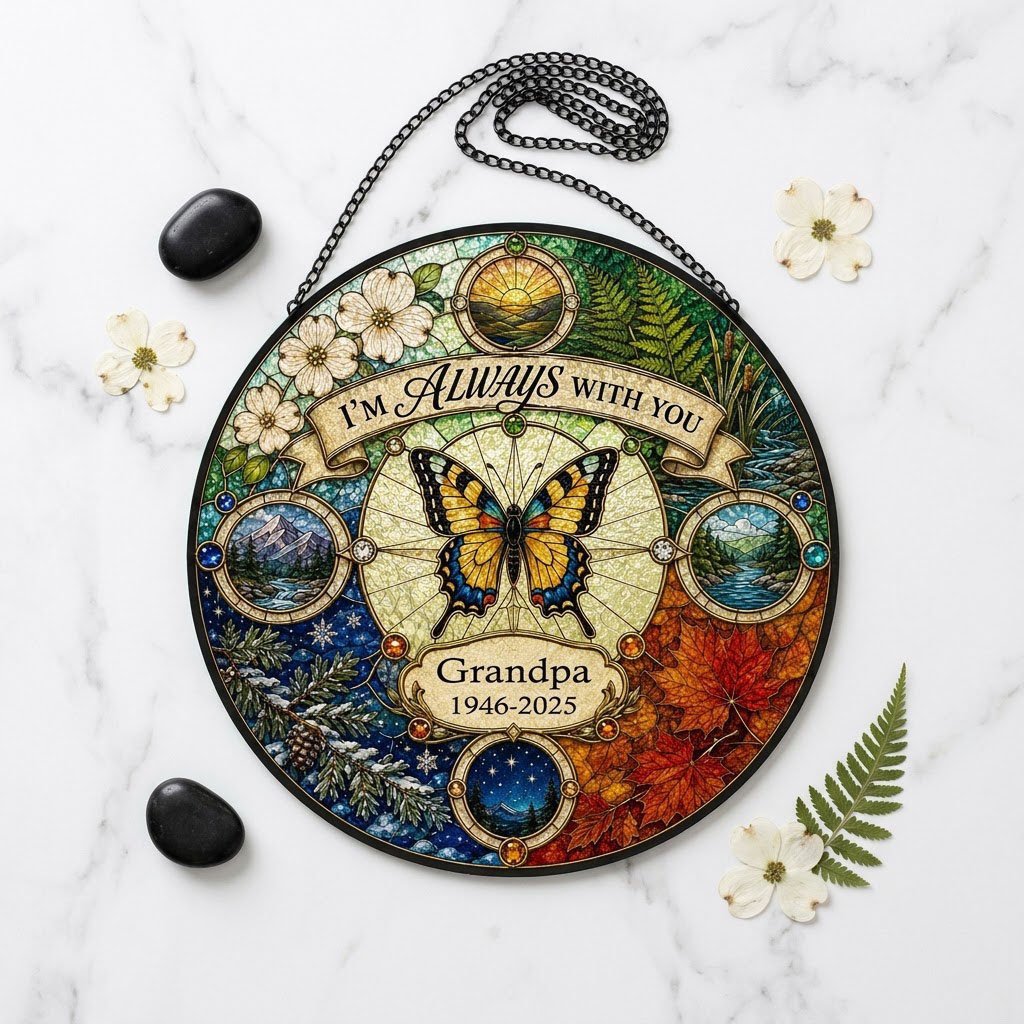 Personalized Butterfly Four Seasons Memorial I'm Always With You Stained Glass Round Suncatcher
