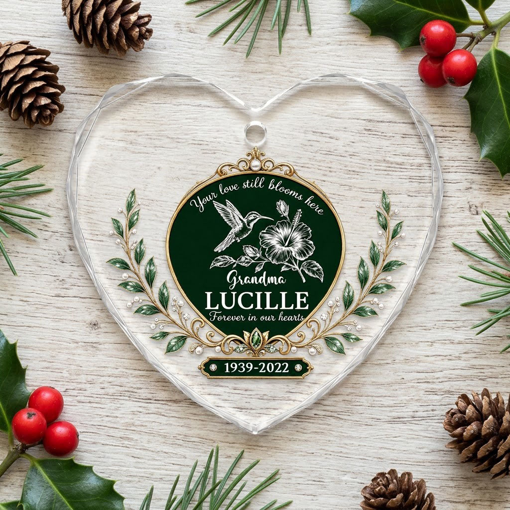Personalized Hummingbird Memorial Your Love Still Blooms Here Emerald Heart Glass Ornament