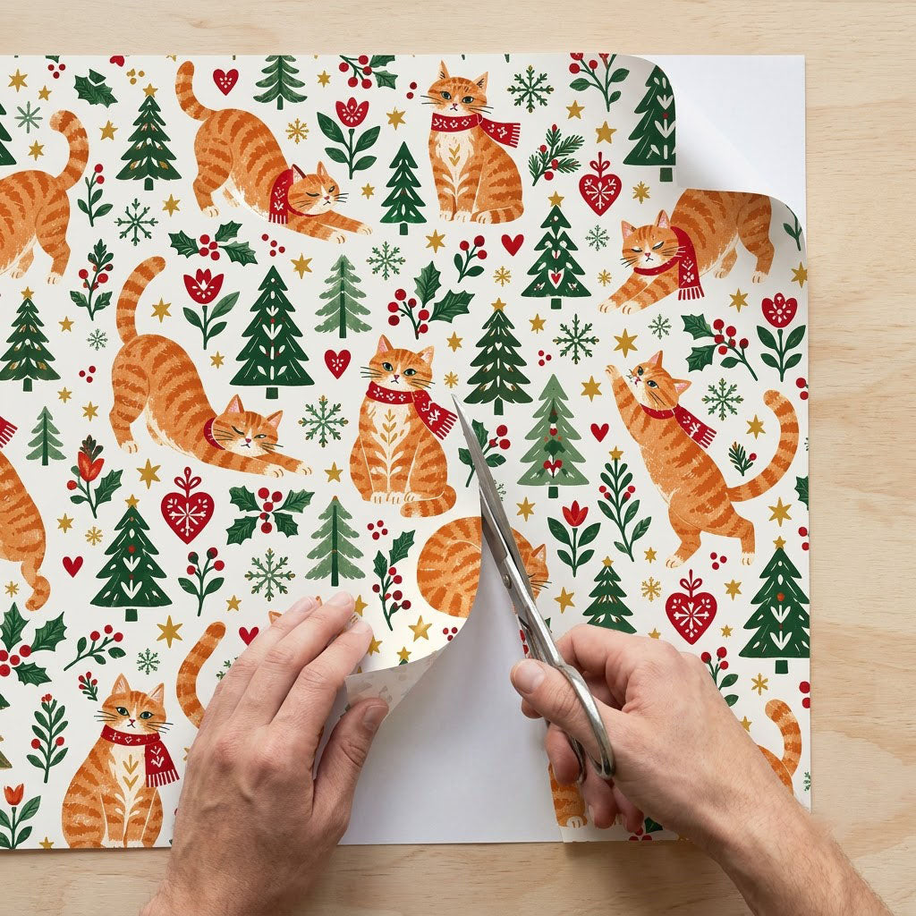 Cream wrapping paper with ginger tabby cats in red scarves, pine trees, hearts, berries, stars, and snowflakes.