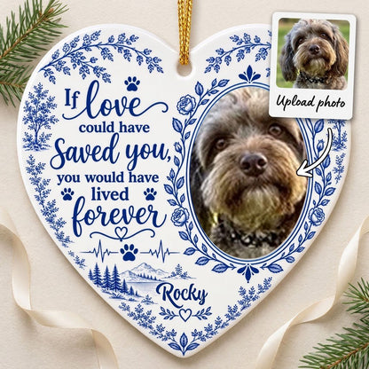 White heart ceramic ornament with blue dog photo frame wreath, memorial quote, paw heartbeat, and a mountain lake scene.
