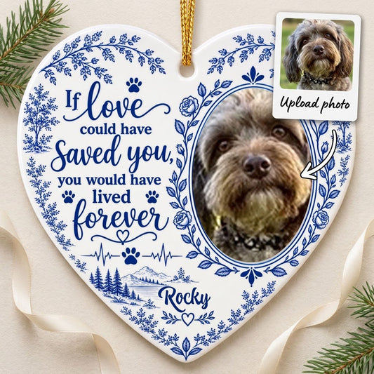 White heart ceramic ornament with blue dog photo frame wreath, memorial quote, paw heartbeat, and a mountain lake scene.