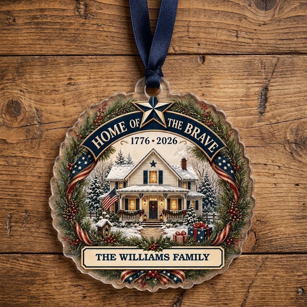 Personalized America 250th Home of the Brave Acrylic Ornament, Custom Patriotic Holiday Keepsake