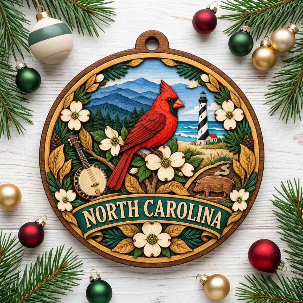 Round ornament with red cardinal, dogwood flowers, mountains, lighthouse, banjo, and 'NORTH CAROLINA' text.