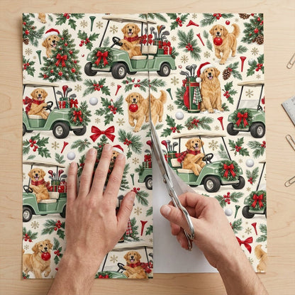 Golden Retrievers in green golf carts, Santa hats, ornaments, golf gear and holly on cream matte wrapping paper.