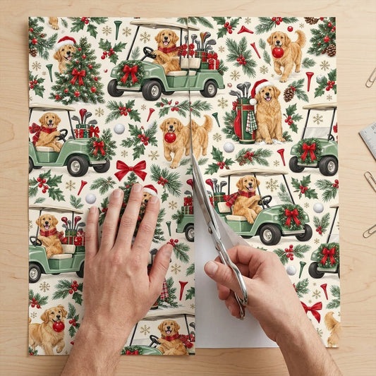 Golden Retrievers in green golf carts, Santa hats, ornaments, golf gear and holly on cream matte wrapping paper.