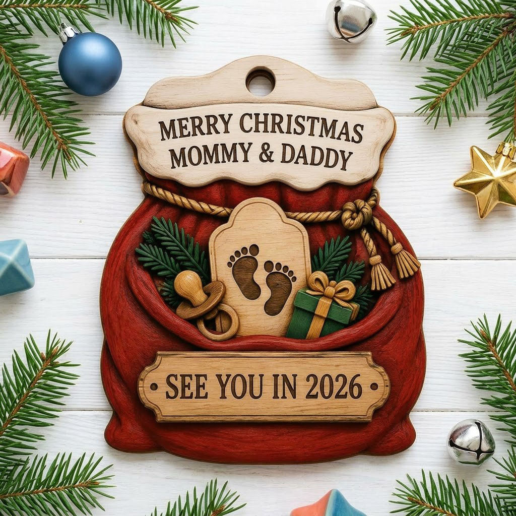 Red Santa sack wood ornament with rope tassels, baby footprints plaque, pacifier, and green gift box.