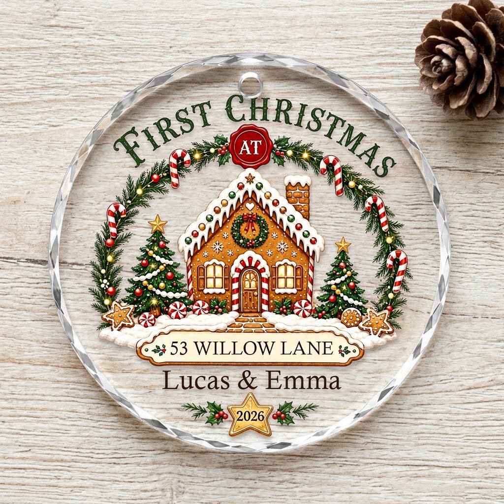 Personalized First Christmas at New Home Gingerbread House Round Glass Ornament