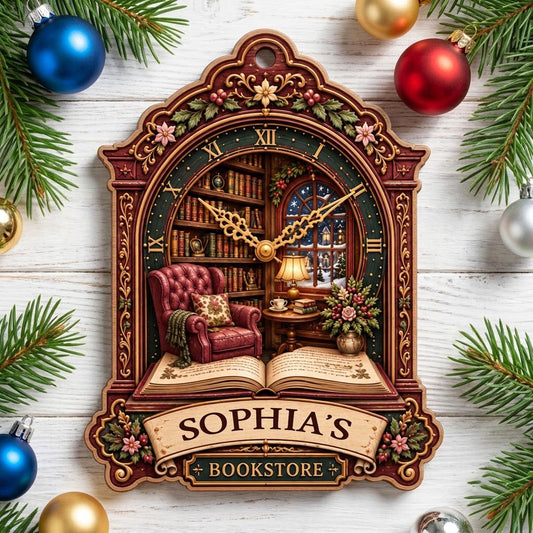 Ornate clock-shaped wood ornament with cozy bookstore scene, red armchair, bookshelves, arched window, and “BOOKSTORE” s