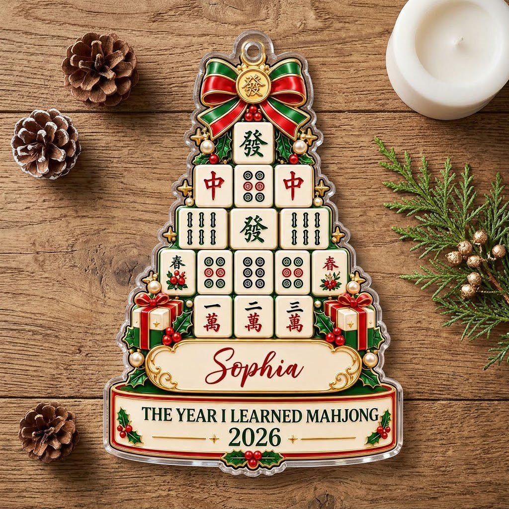 Acrylic tree ornament of mahjong tiles with bow, stars, holly, pearls, and two cream banners for name and year.