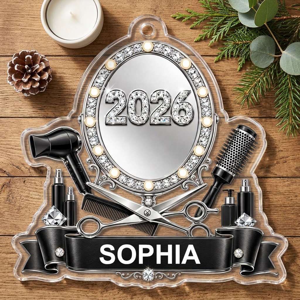 Clear acrylic ornament with a lit vanity mirror and salon tools, featuring SOPHIA and 2026 on a black banner.