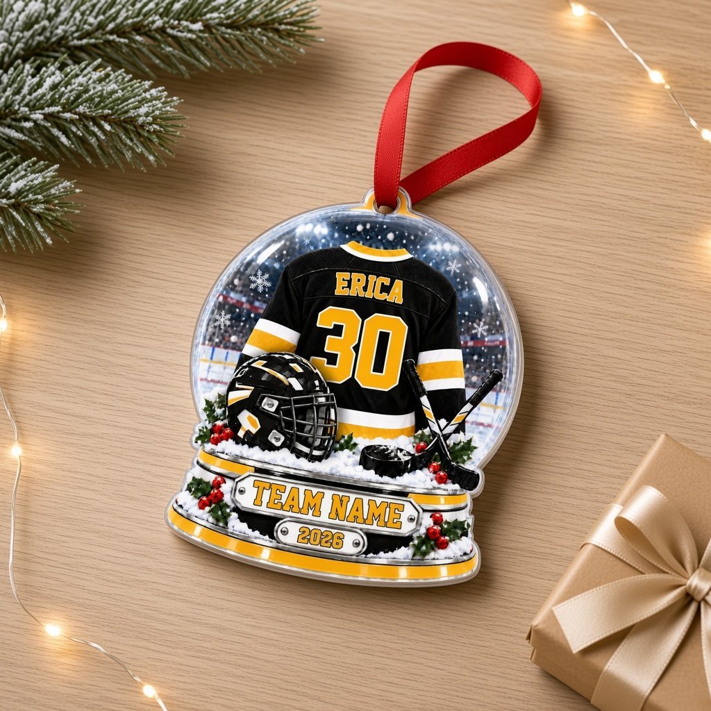 Snow globe acrylic ornament with black and gold hockey jersey, crossed sticks, puck, holly and a year plaque.