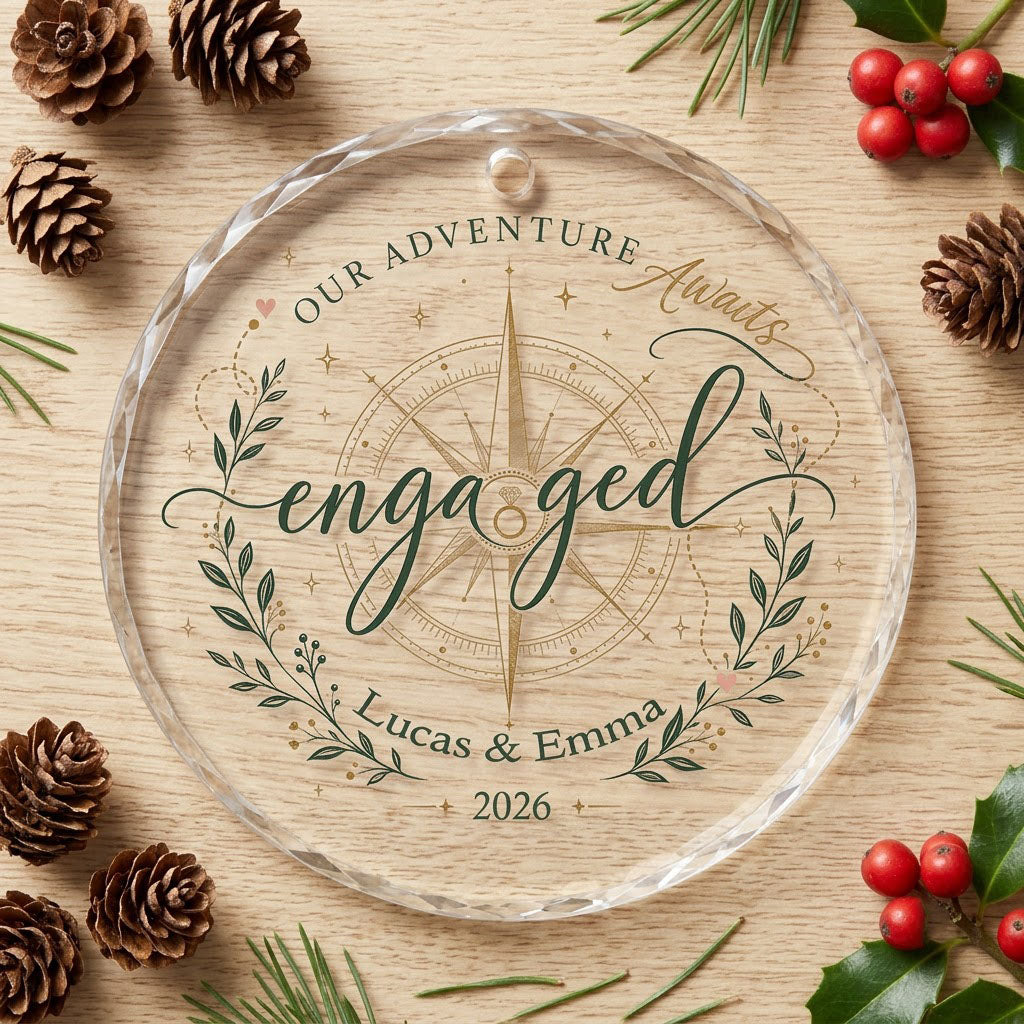 Personalized Our Adventure Awaits Engaged Compass Round Glass Ornament