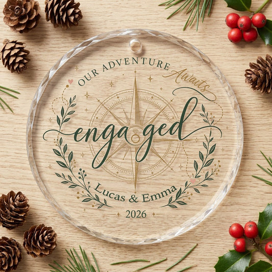 Personalized Our Adventure Awaits Engaged Compass Round Glass Ornament