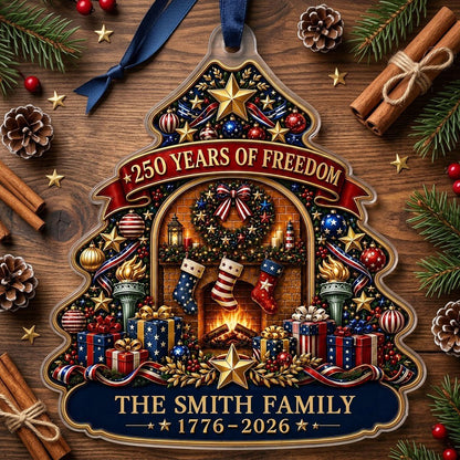 Personalized America 250th Tree Fireplace Acrylic Ornament, Custom Patriotic Holiday Keepsake