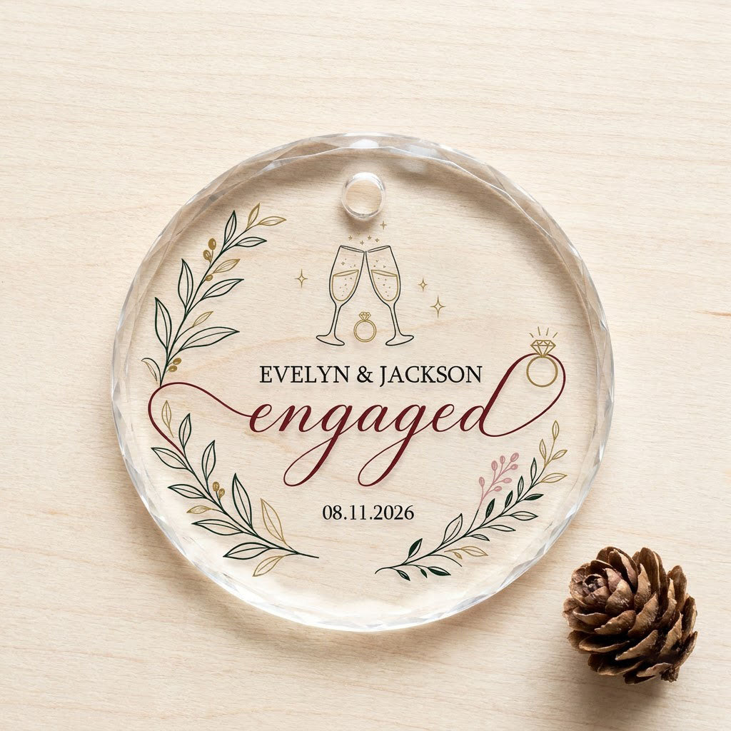 Round glass ornament with clinking champagne flutes, sparkles, ring and botanical foliage with burgundy ribbon and the w