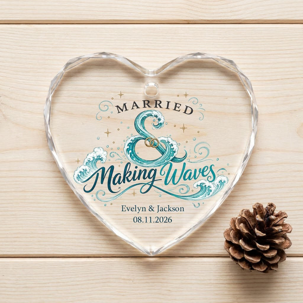 Personalized Married & Making Waves Coastal Heart Glass Ornament
