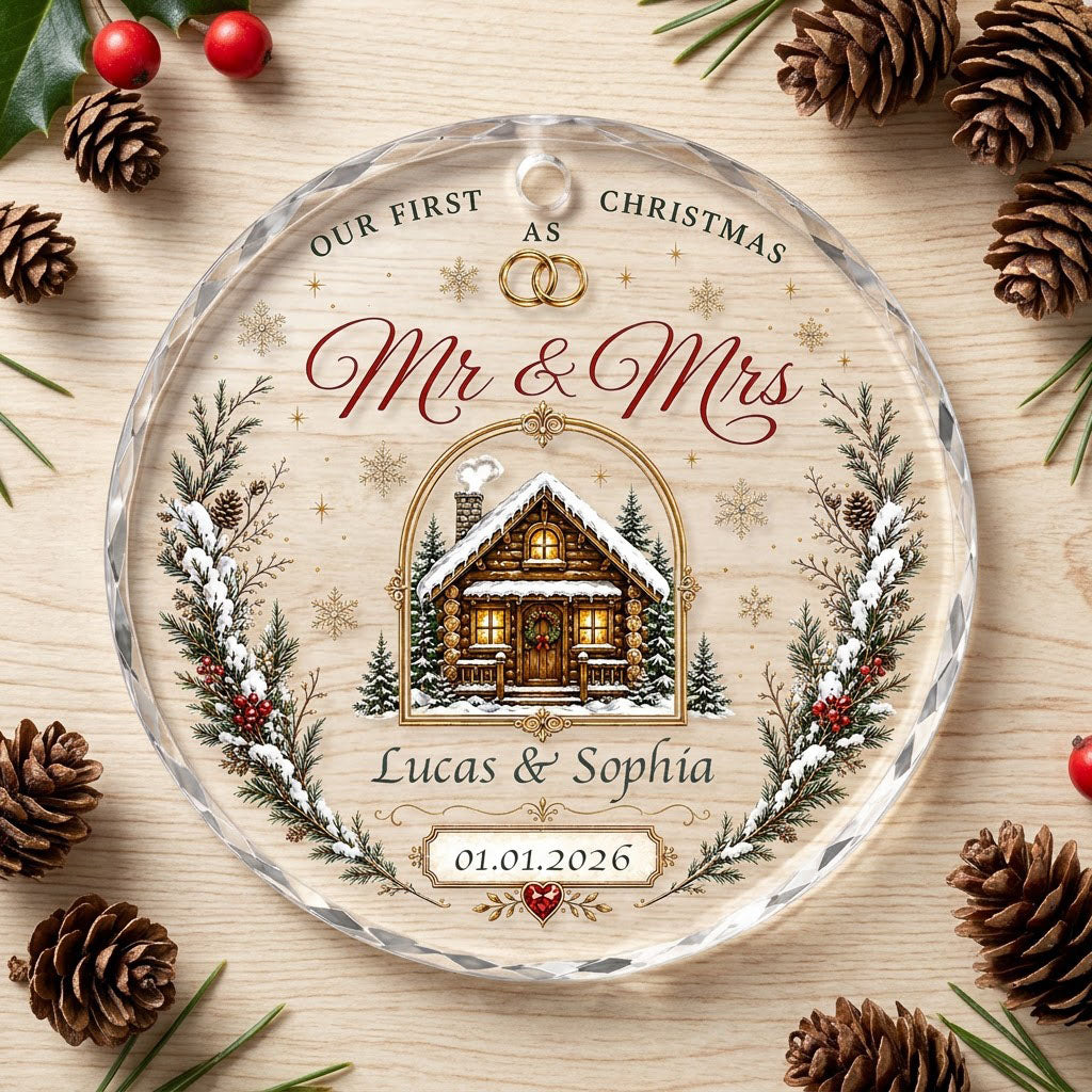 Personalized Our First Christmas as Mr & Mrs Winter Cabin Round Glass Ornament