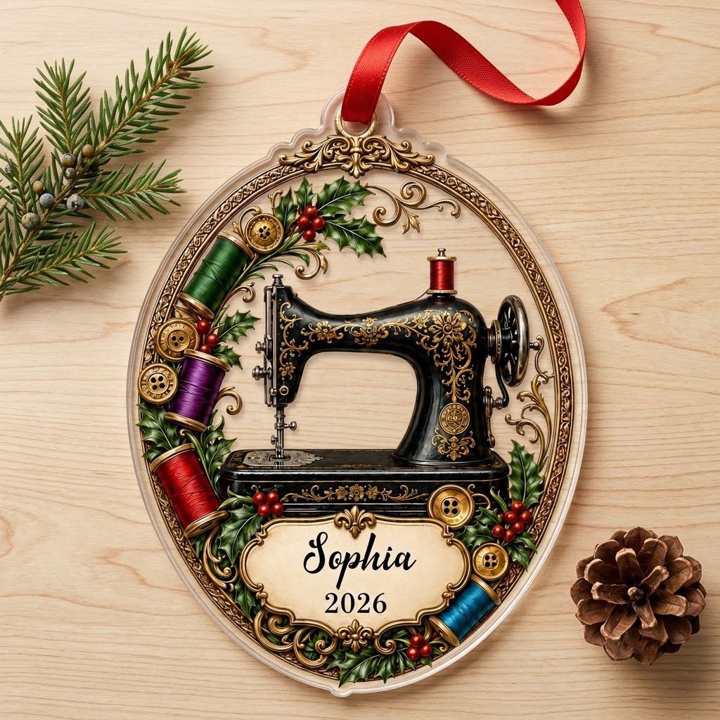 Personalized Vintage Sewing Machine Acrylic Ornament, Custom Quilter Seamstress Holiday Keepsake