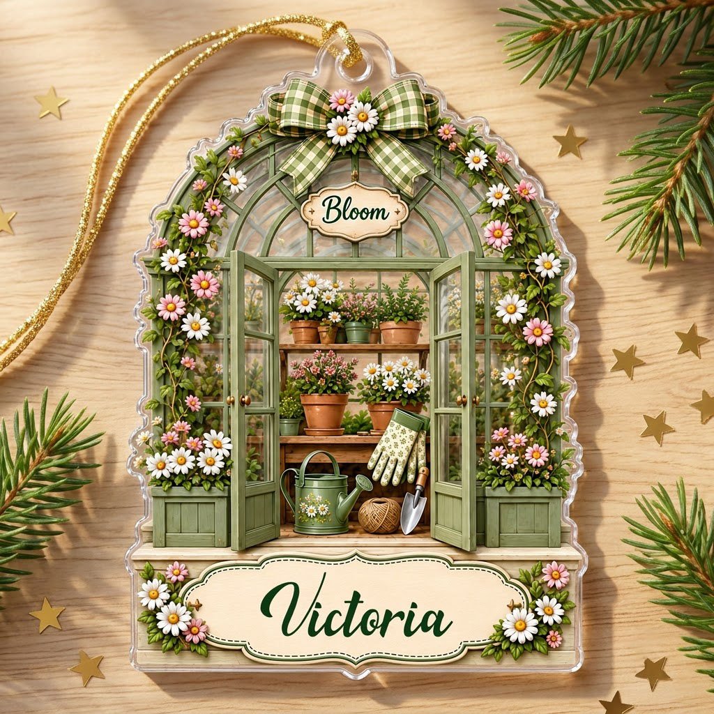 Arched acrylic ornament of a green greenhouse with daisy bow, flowers, tools, and 'Bloom' with a personalized name.