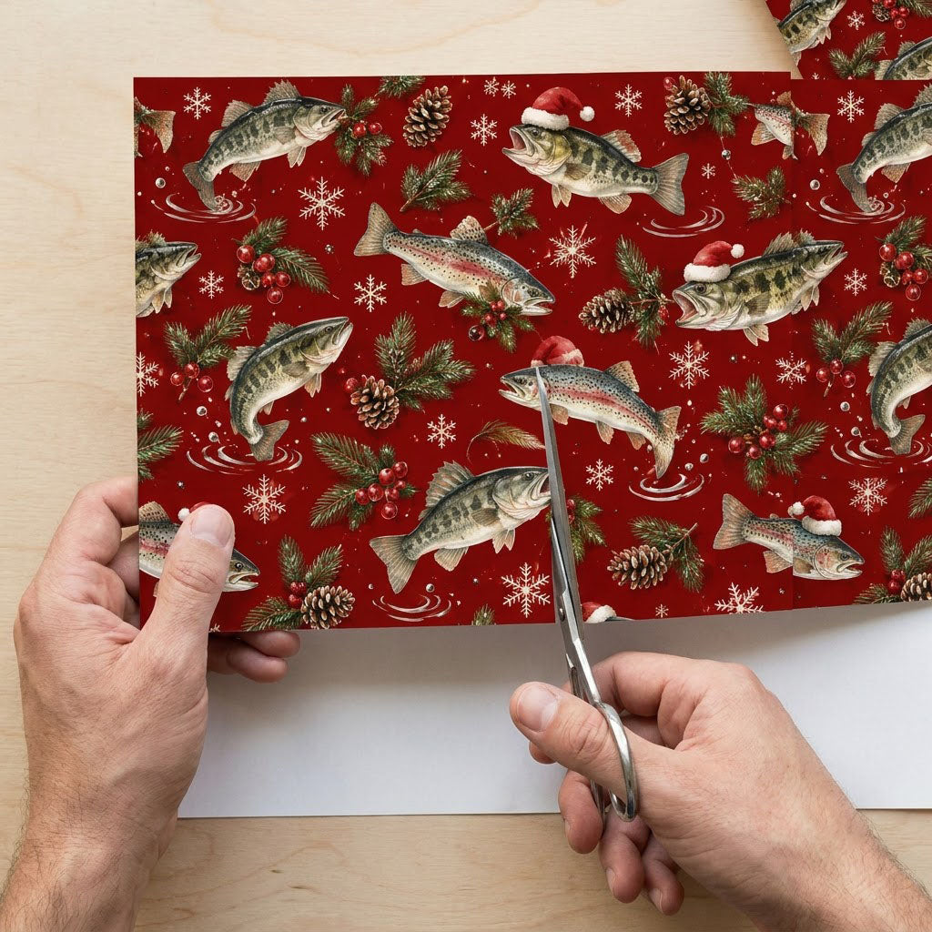 Red Christmas wrapping paper with largemouth bass and rainbow trout, some in Santa hats, pine branches, pinecones, berri