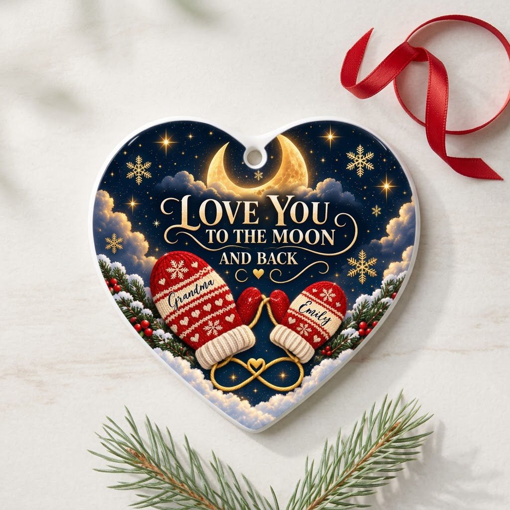 Heart ceramic ornament with golden crescent moon, red mittens, snowflakes and pine, personalized with two names.