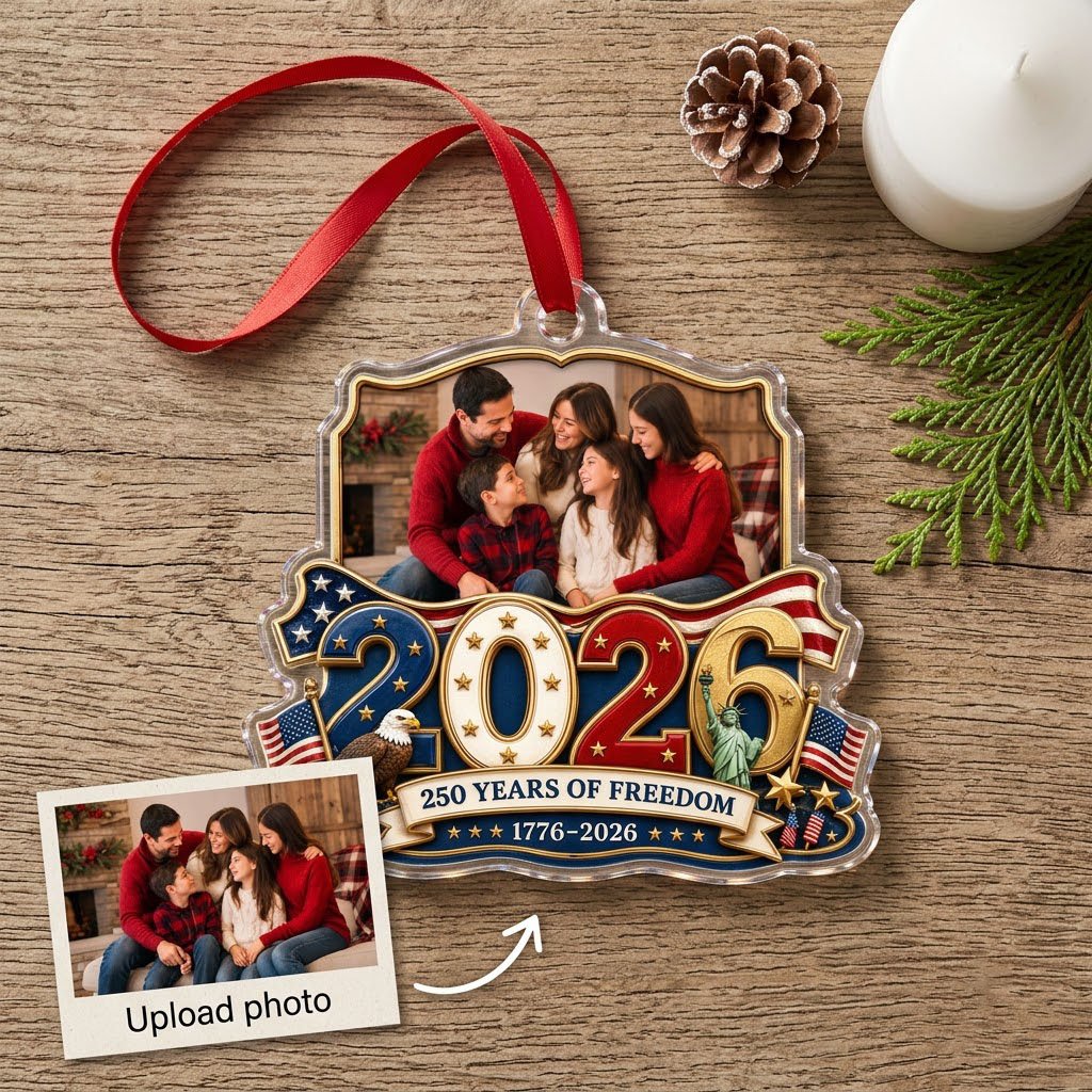 Custom-cut acrylic ornament with '2026', eagle, Statue of Liberty, flags and a gold photo frame.