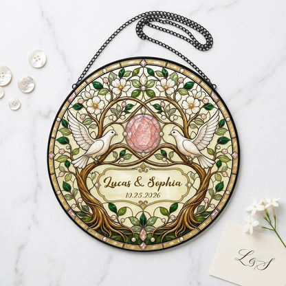 Personalized Wedding Doves & Pink Crystal Gem Floral Tree of Life Stained Glass Round Suncatcher
