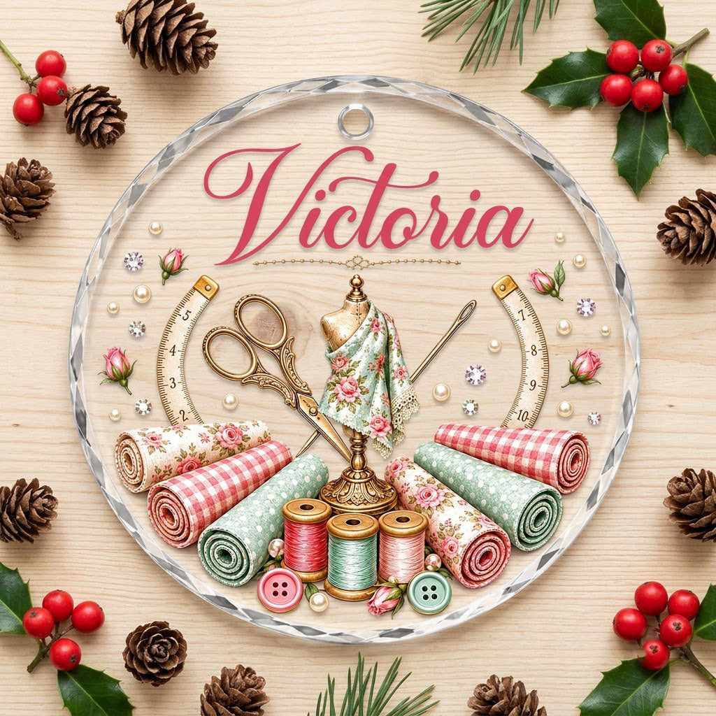 Round faceted glass ornament with a vintage dress form, sewing notions, and personalized name Victoria in pink and gold 