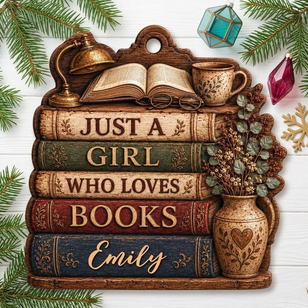 Bookshelf-shaped wood ornament with lamp, open book, teacup, vase, and Just a Girl Who Loves Books text.