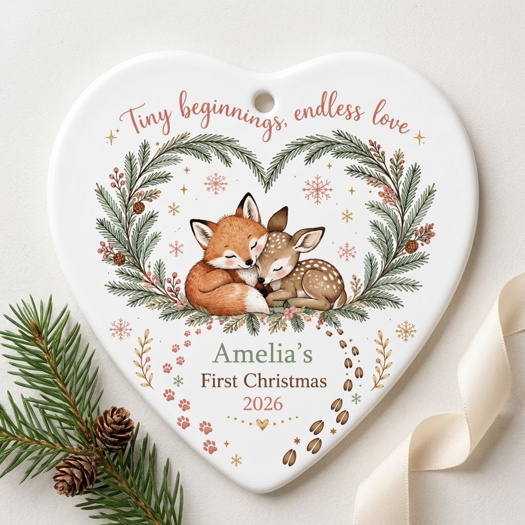 Heart ceramic ornament with sleeping baby fox and fawn in an evergreen wreath with berries and snowflakes.