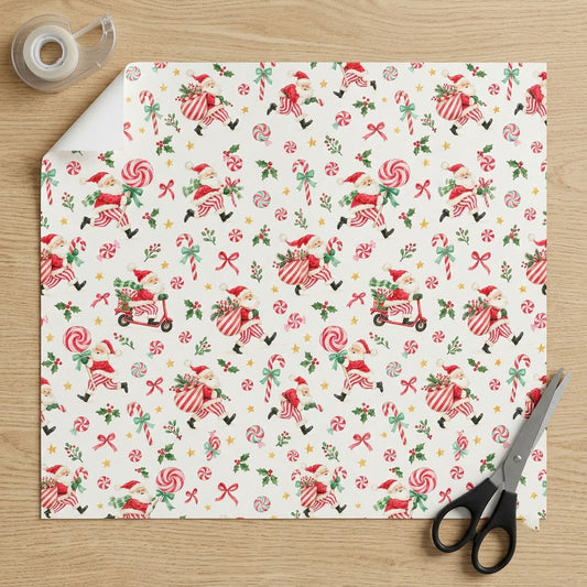 Vintage watercolor Santa in playful poses with candy canes, lollipops, holly and stars on personalized matte wrapping pa