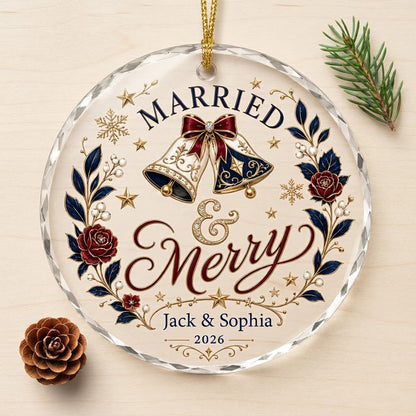 Round faceted glass ornament with two wedding bells, navy floral wreath, gold stars, and 'MARRIED' with names and year.