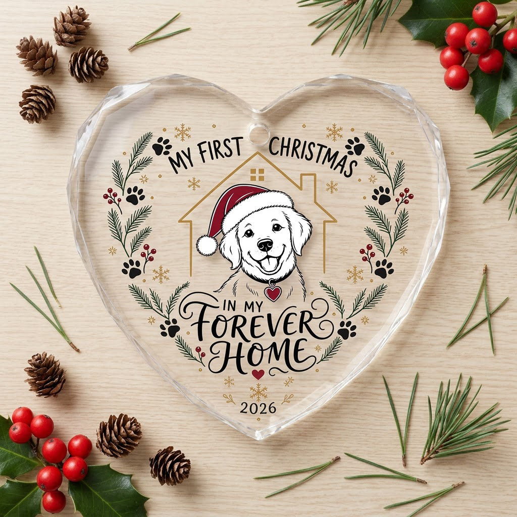 My First Christmas in My Forever Home Puppy Dog Heart Glass Ornament
