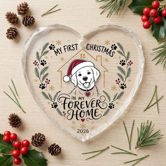 My First Christmas in My Forever Home Puppy Dog Heart Glass Ornament