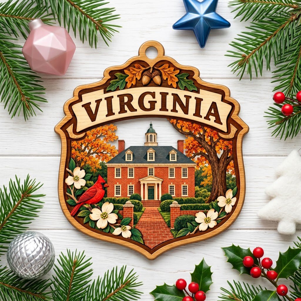 Shield-shaped wood ornament with “VIRGINIA,” colonial brick building, cardinal, acorns and white dogwood flowers.