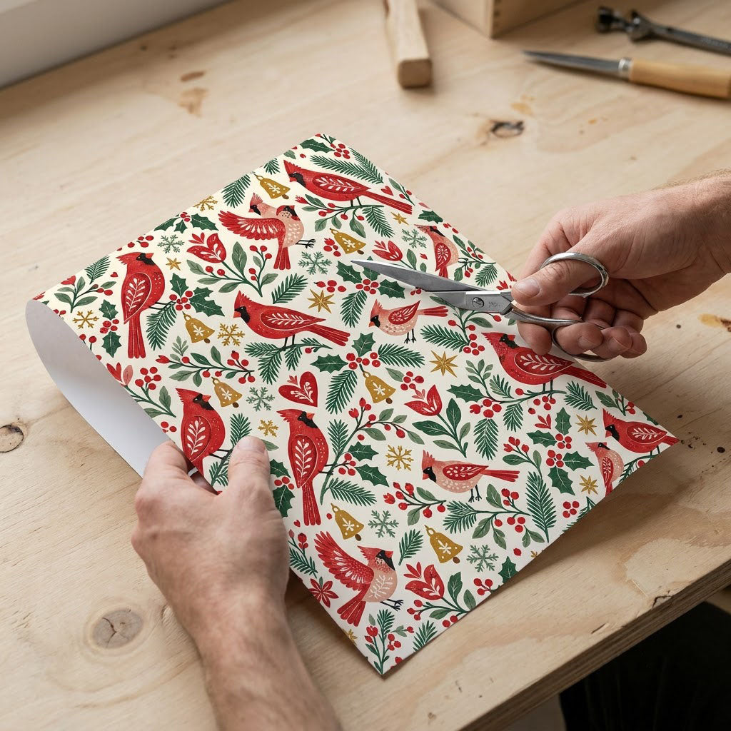 Cream gift wrap with red cardinals, pine and holly, berries, gold bells and snowflakes in a Christmas pattern.
