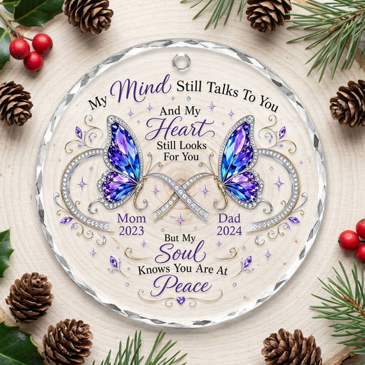 Round faceted glass ornament with two jeweled purple and blue butterflies, memorial quote, and personalized name and yea