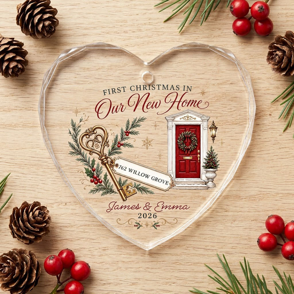 Personalized First Christmas in Our New Home Key Front Door Heart Glass Ornament