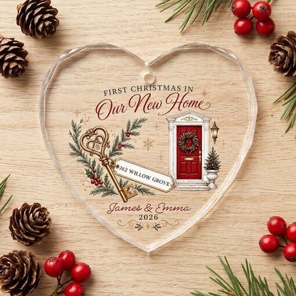 Personalized First Christmas in Our New Home Key Front Door Heart Glass Ornament