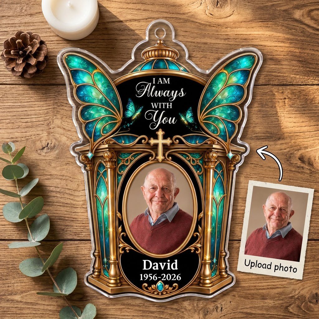 Clear acrylic ornament with winged shrine, teal butterfly wings, cross, oval photo, and 'I AM Always WITH You'.