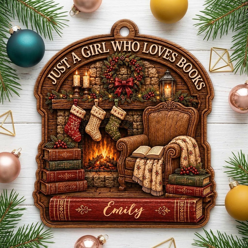 Wood ornament with fireplace, wreath, stockings, armchair and books, plus 'Just a Girl Who Loves Books' and a name.